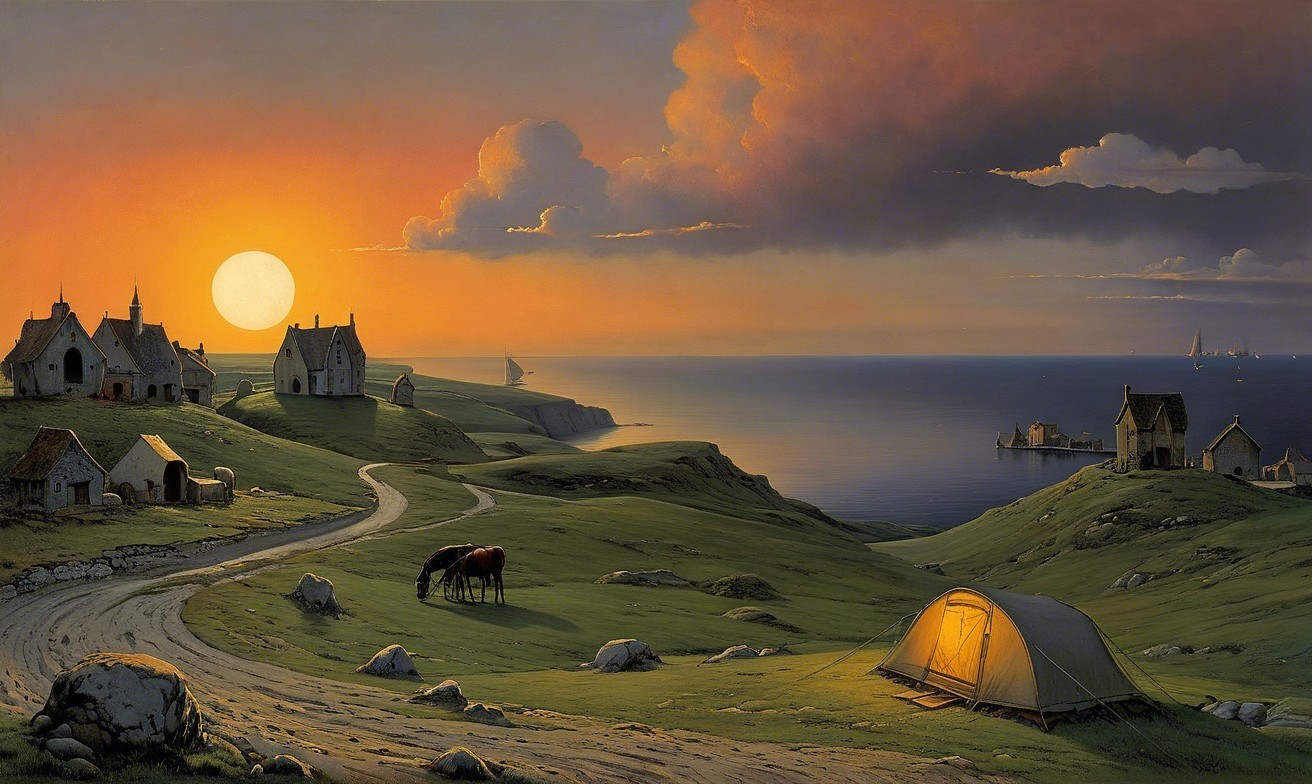Sunset Landscape with Cottages and Rolling Hills