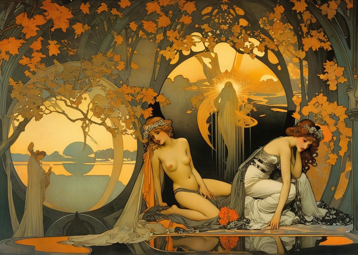 Elegant Female Figures in Lush Stylized Landscape
