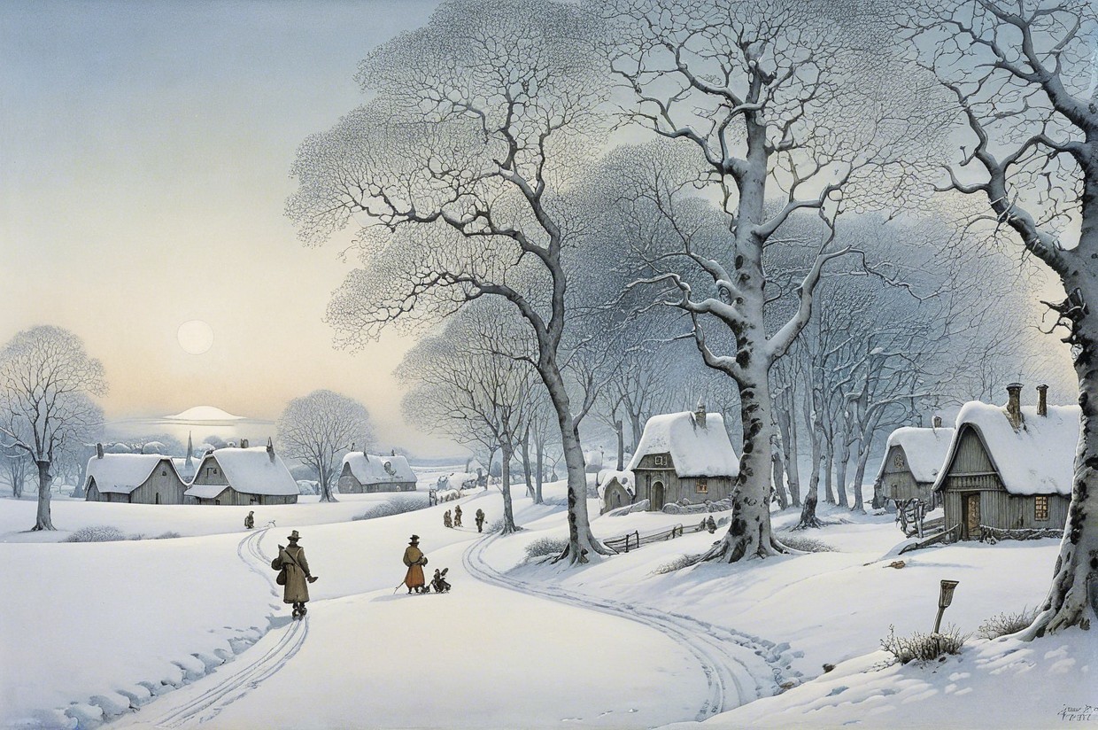 Serene Winter Landscape with Snow-Covered Cottages