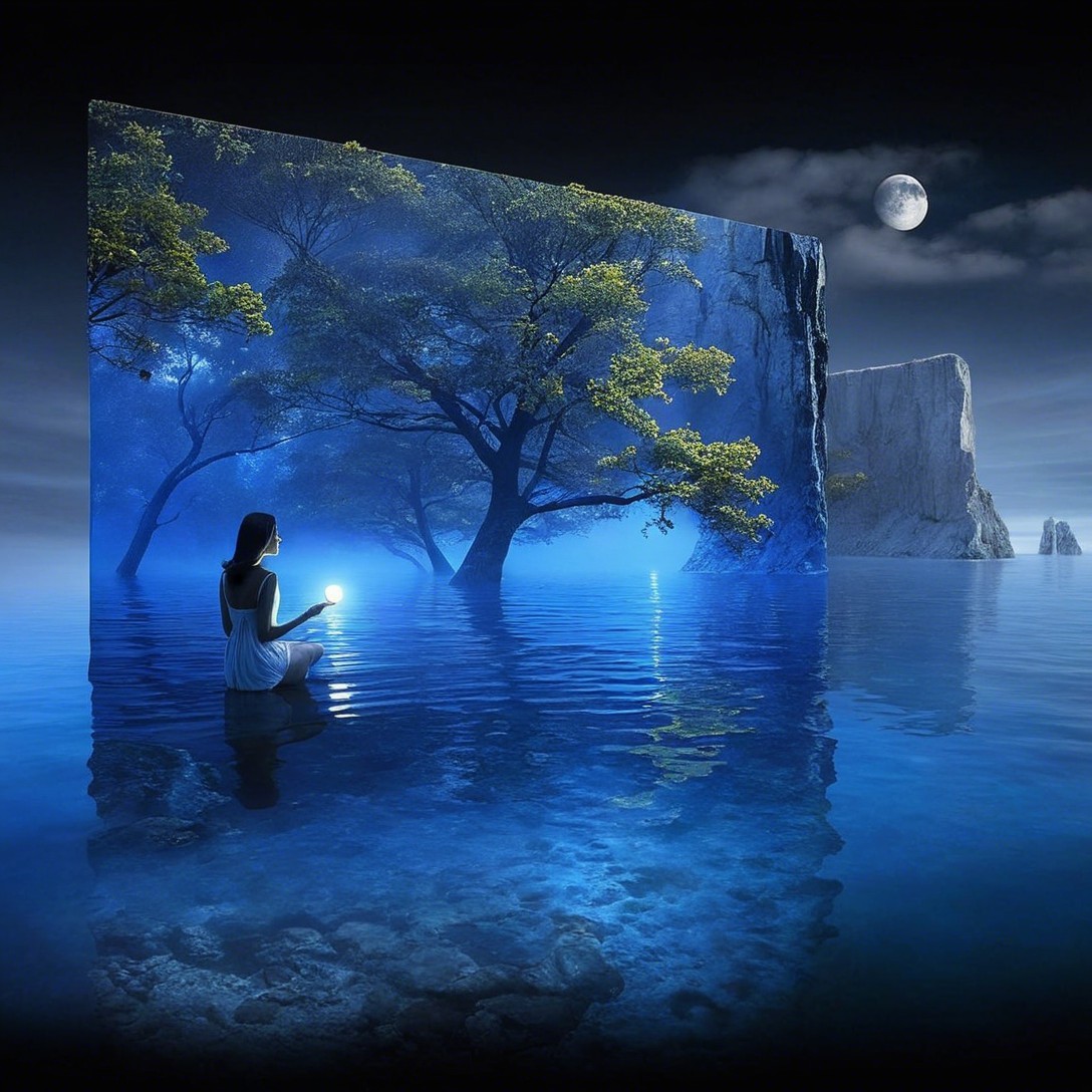 Surrealist Artwork of Woman with Orb in Water Scene