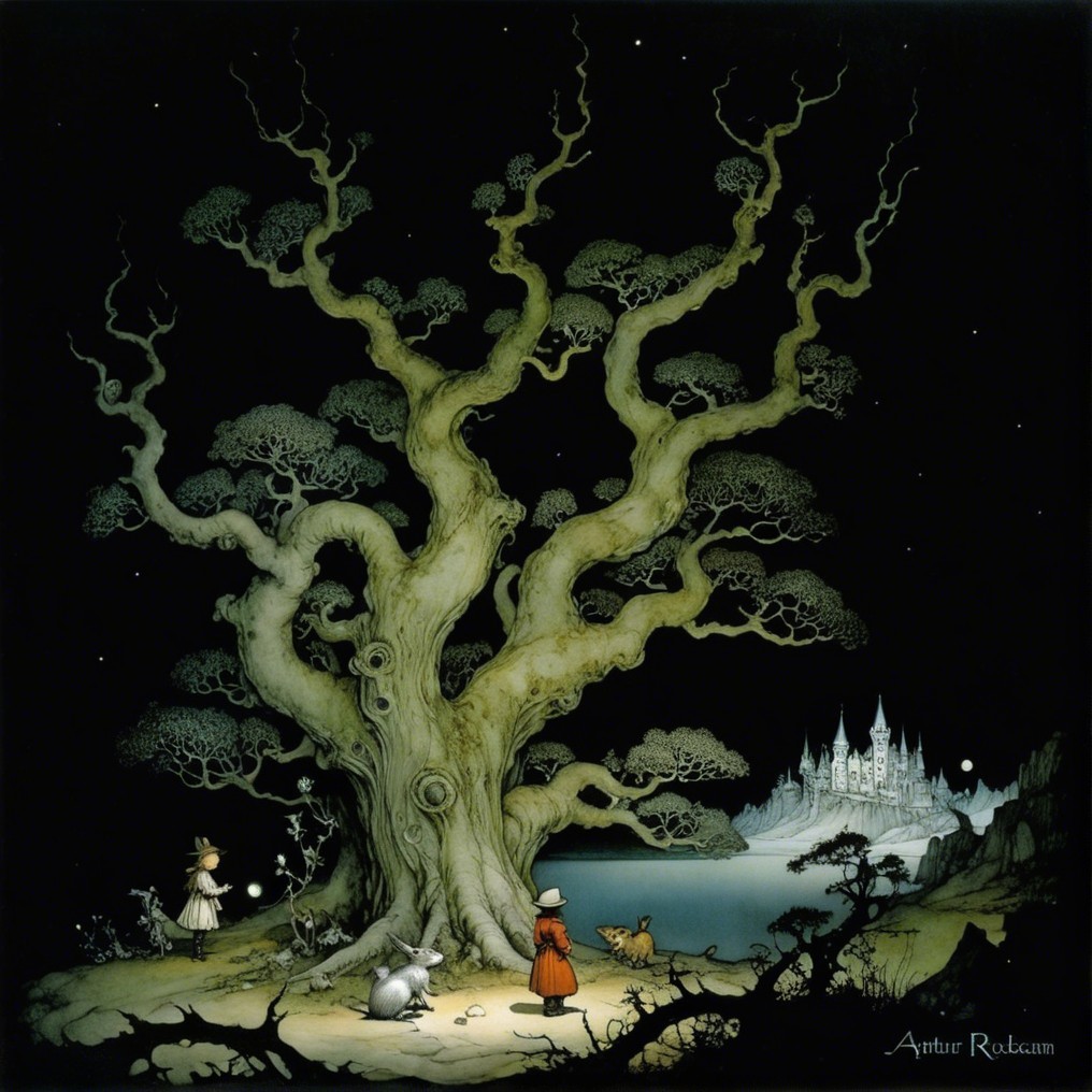 Whimsical Scene of Children and Animals by Ancient Tree