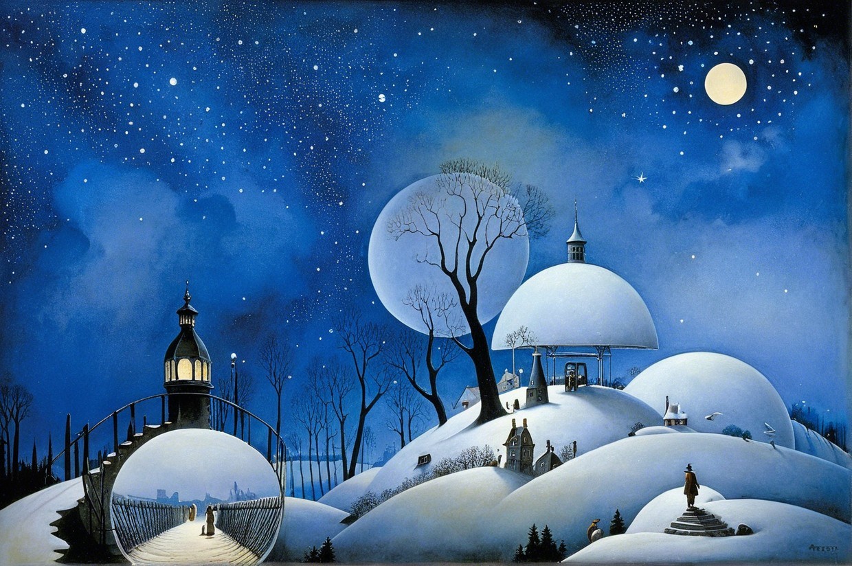 Winter Landscape with Snowy Hills and Starry Sky