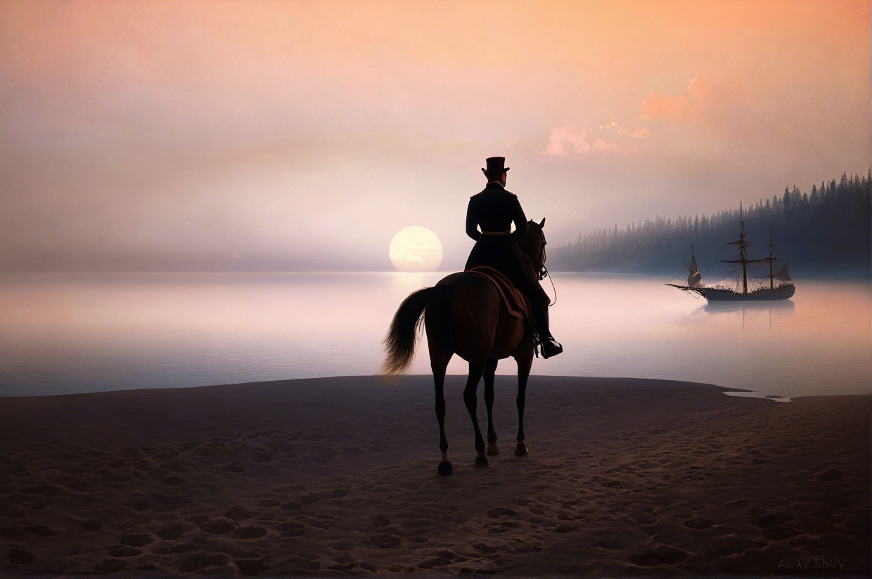 Lone Horseman at Sunset by Calm Lake with Ship Silhouette