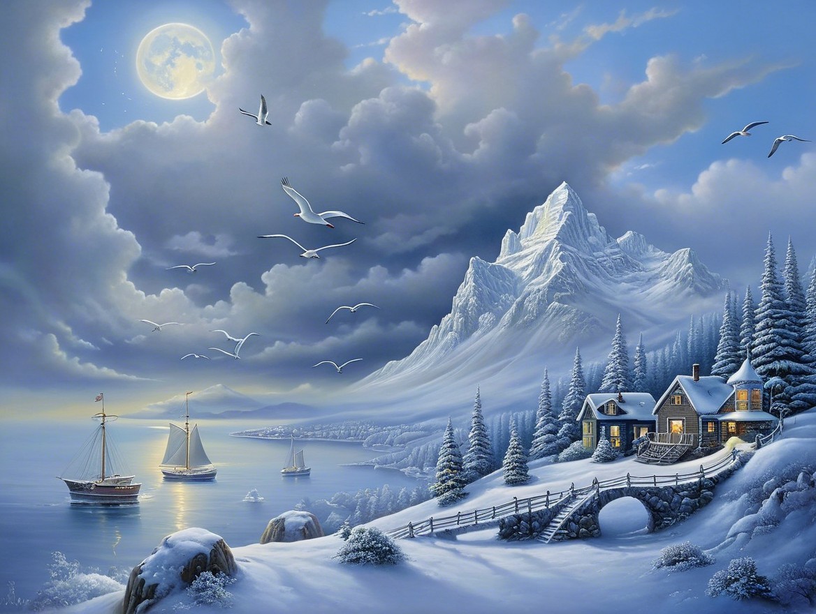 Serene Winter Landscape with Full Moon and Mountains