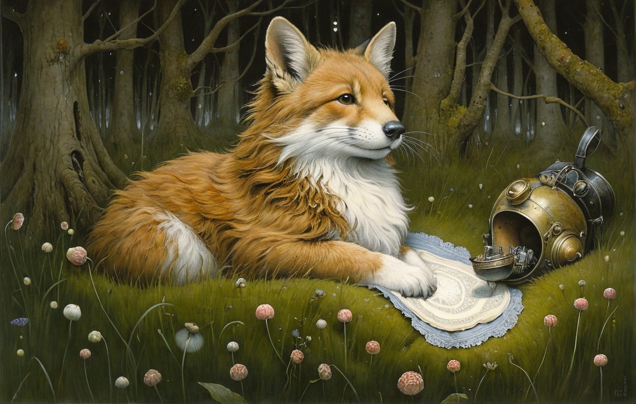 Anthropomorphic fox with compass in serene forest setting