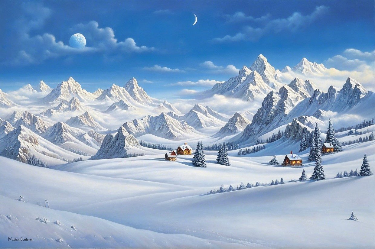 Serene Winter Landscape with Snowy Mountains and Cabins