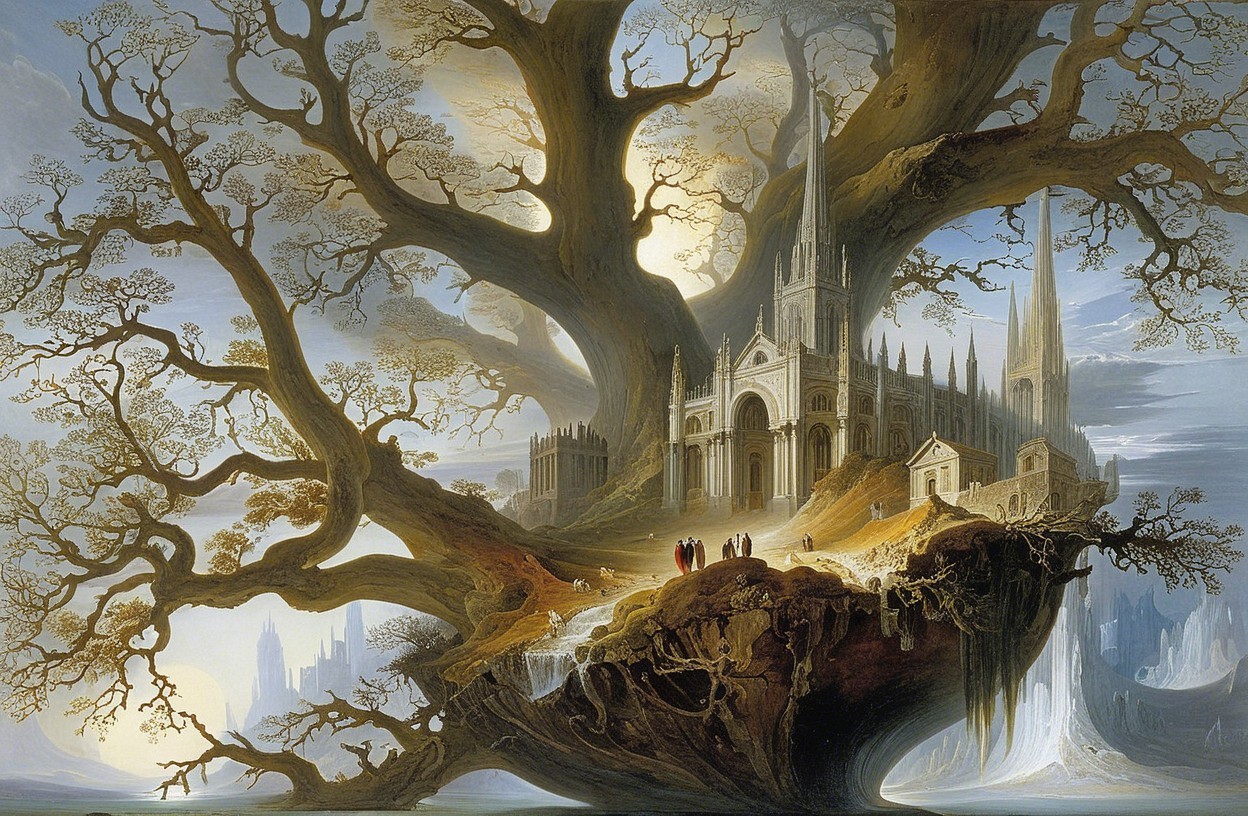 Ancient tree and Gothic cathedral on a floating island
