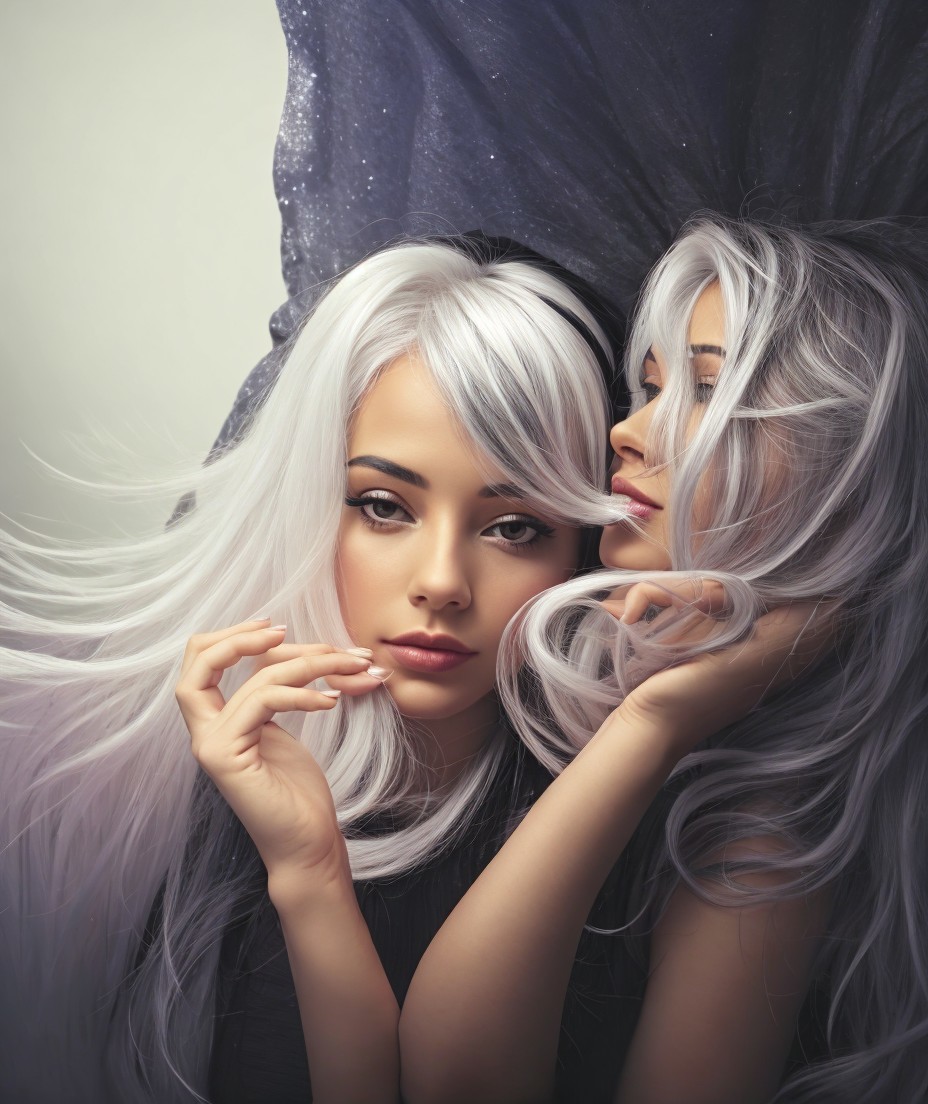 Two Women with Silver Hair in Ethereal Setting