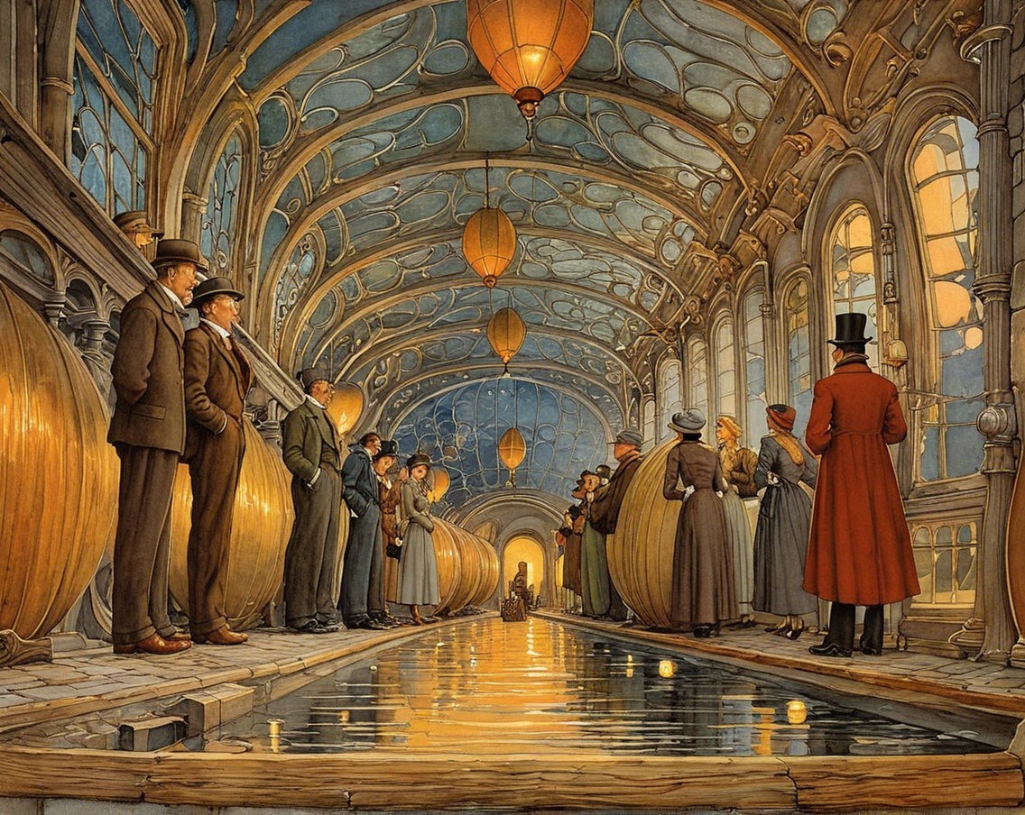 Elegant Arched Corridor with Lanterns and Victorian Figures
