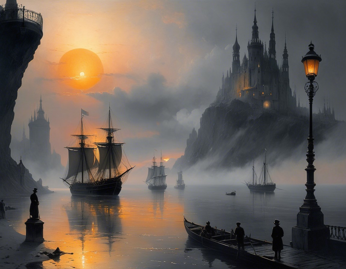 Twilight Scene with Ships and a Castle at Sunset