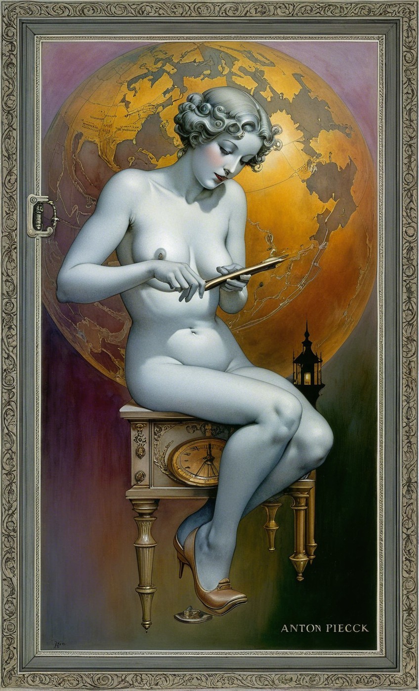 Oil Painting of Light Blue-Skinned Woman at Desk