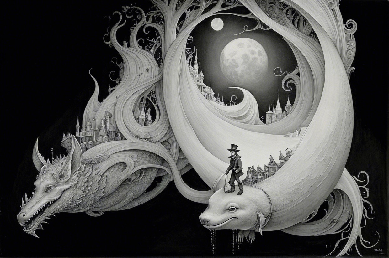Mystical Black and White Scene with Dragon and Whale