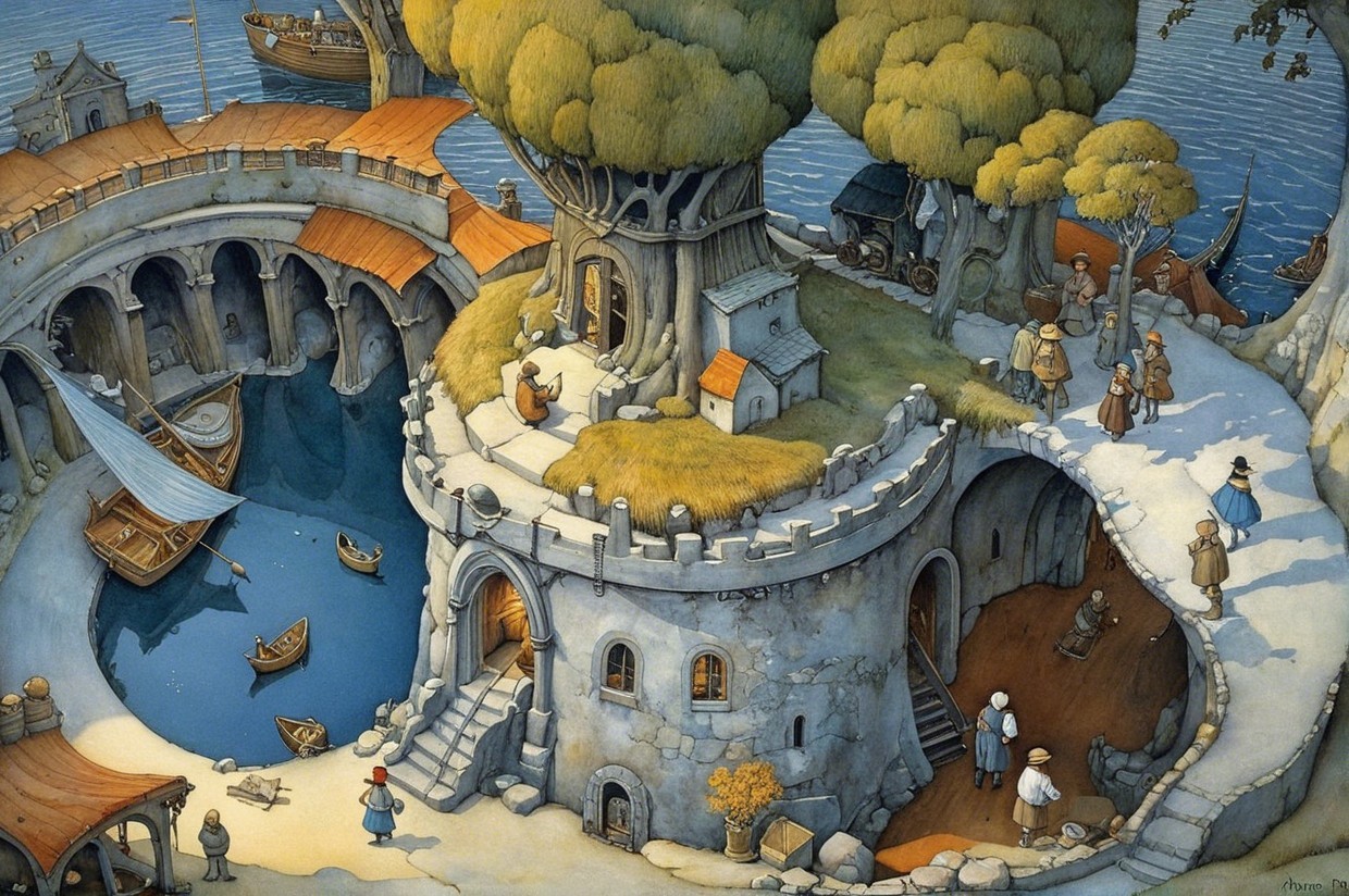 Whimsical Split View of Castle and Harbor Landscape