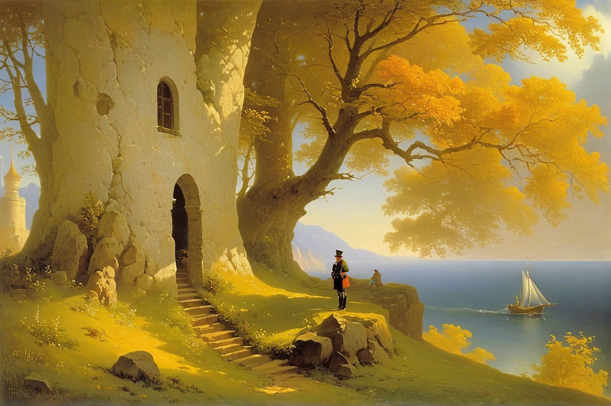Tranquil Landscape with Stone Tower and Autumn Trees