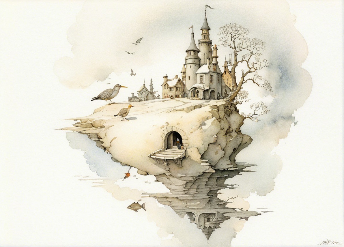 Whimsical landscape with floating castle and clouds