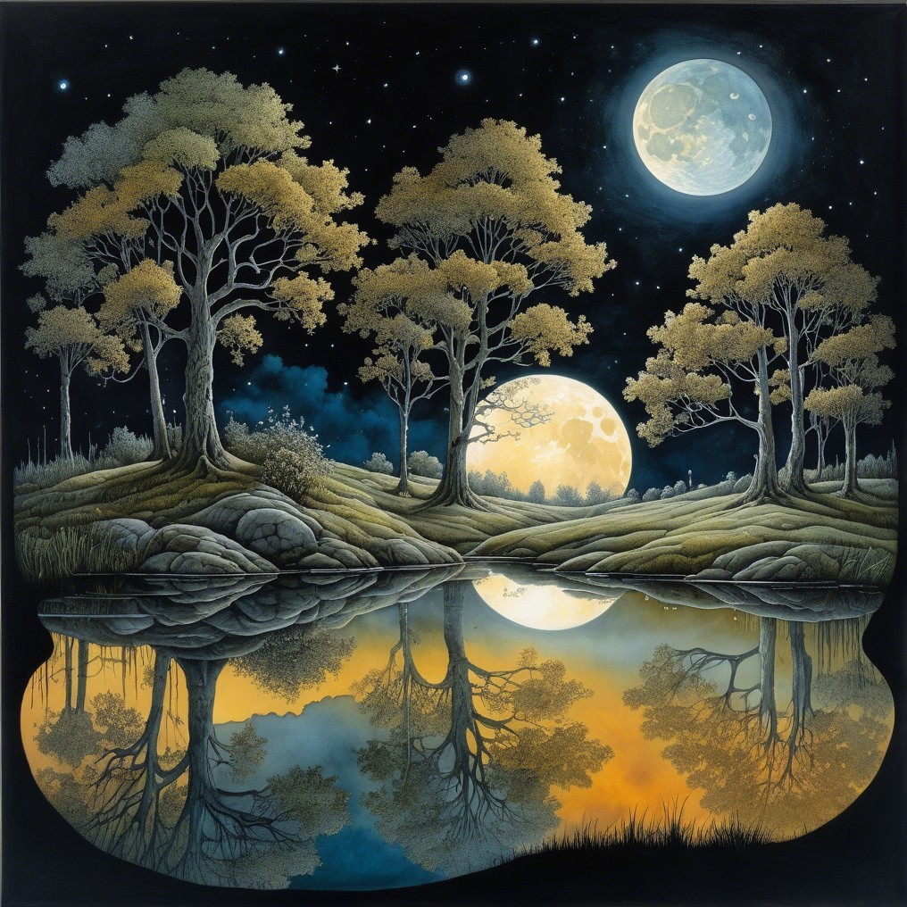 Tranquil Night Scene with Lake and Moonlight Reflections