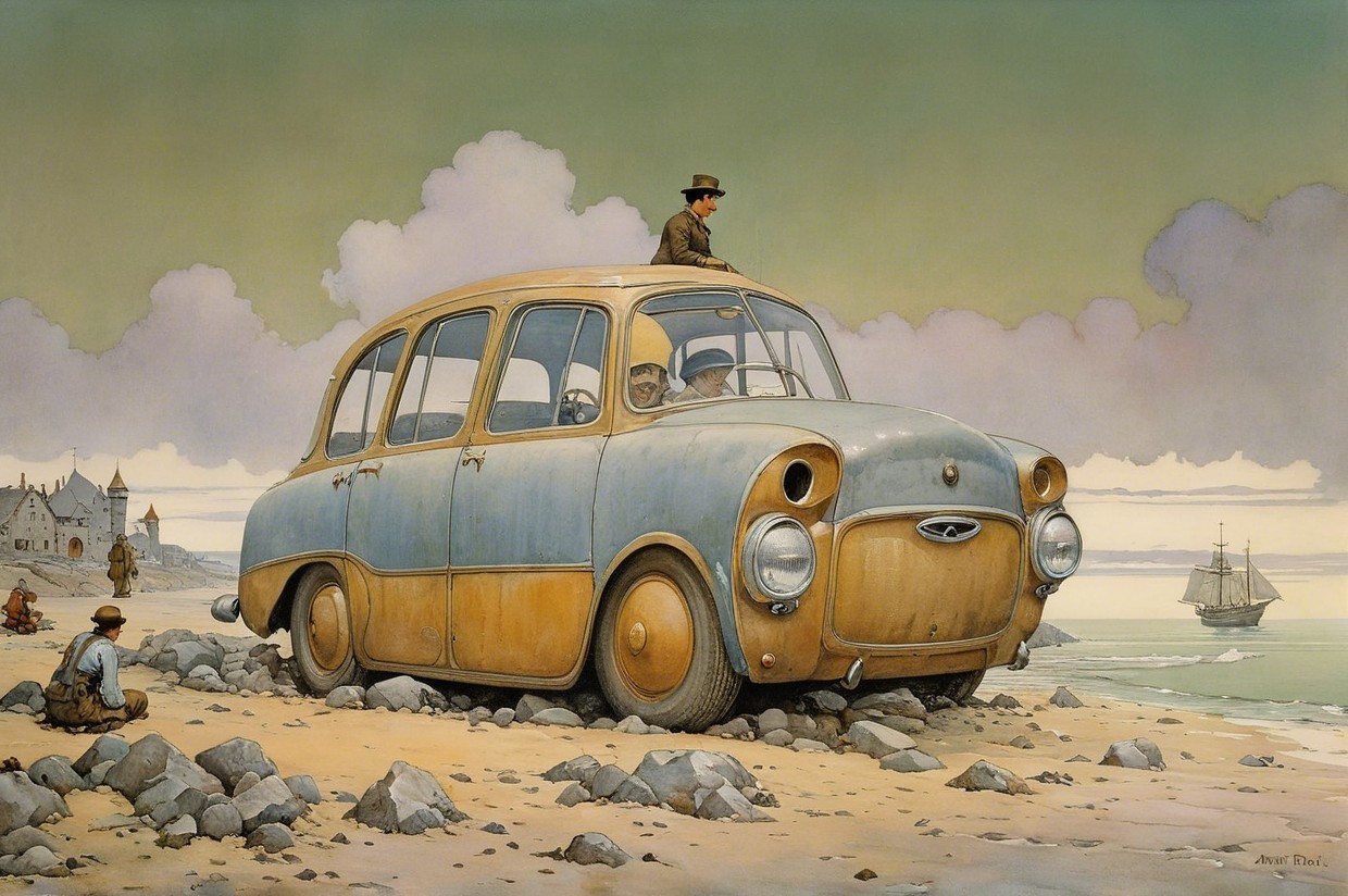 Vintage Car on Rocky Beach with Figures and Sailboats