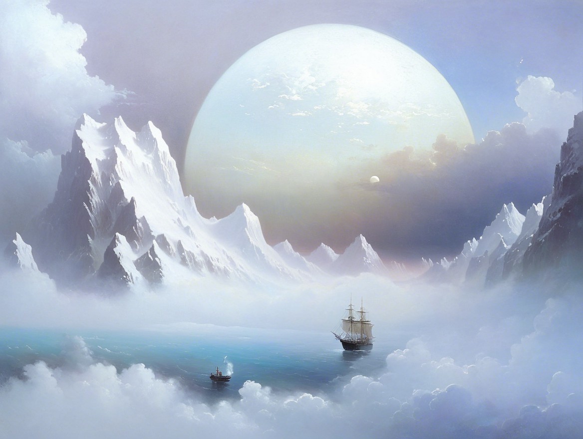 Tranquil Landscape with Snow-Capped Mountains and Ships