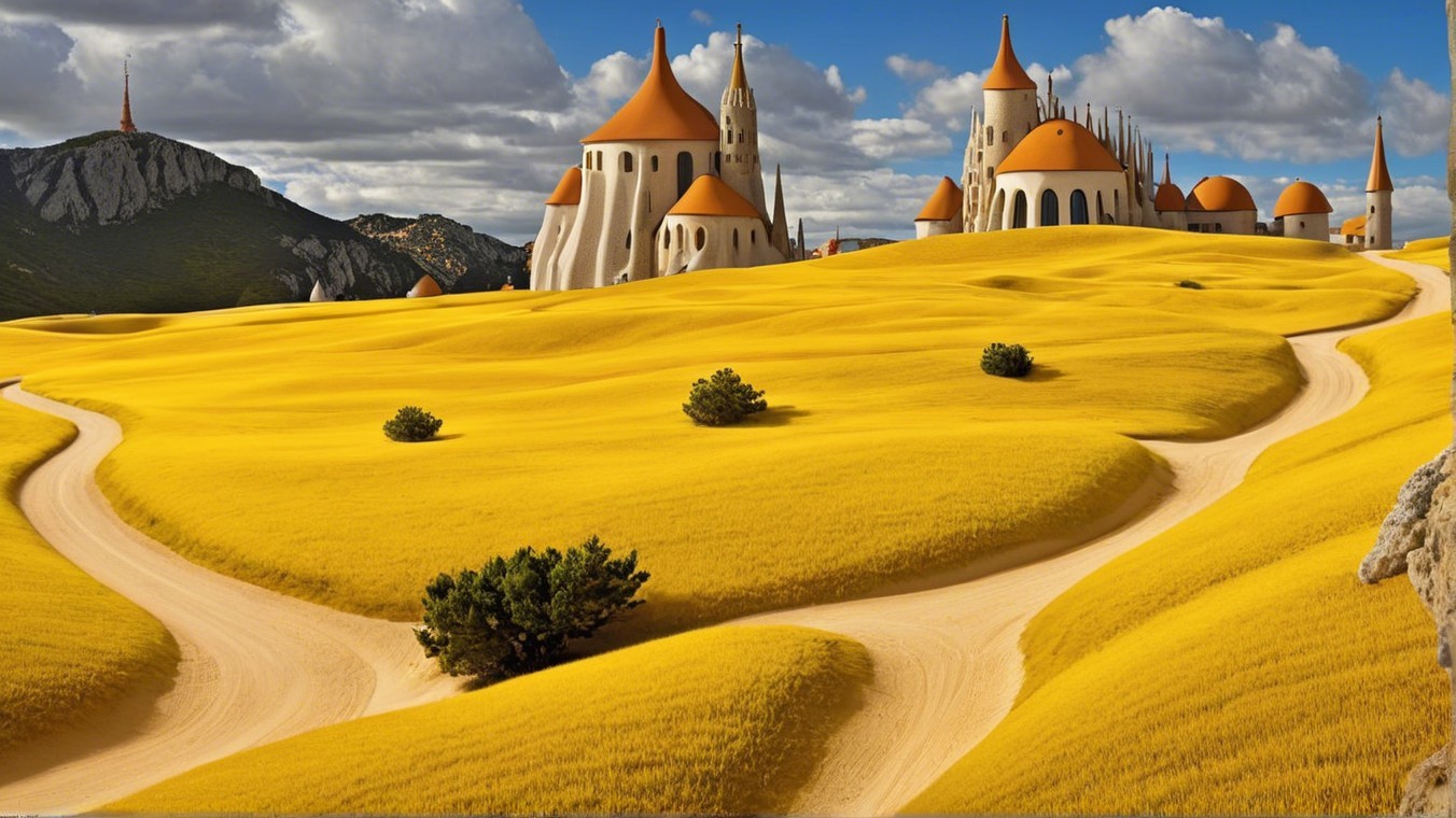 Surreal Landscape with Golden Hills and Whimsical Structures