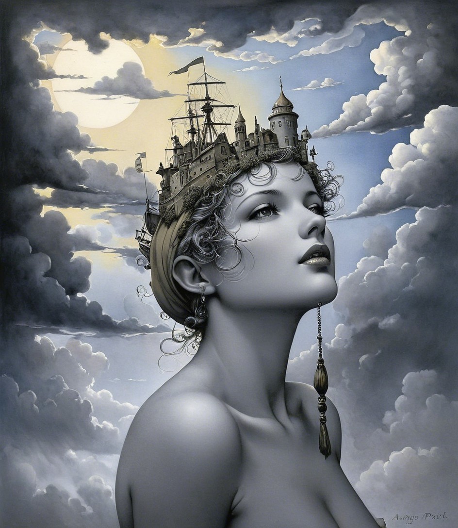 Surreal Scene of Woman with Castle Crown in Moonlight
