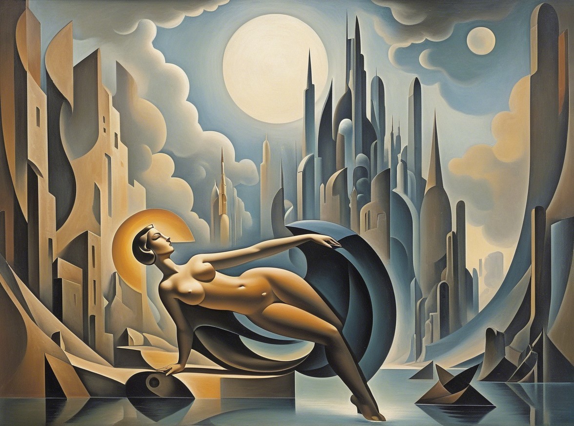 Stylized Woman Against Abstract Geometric Shapes