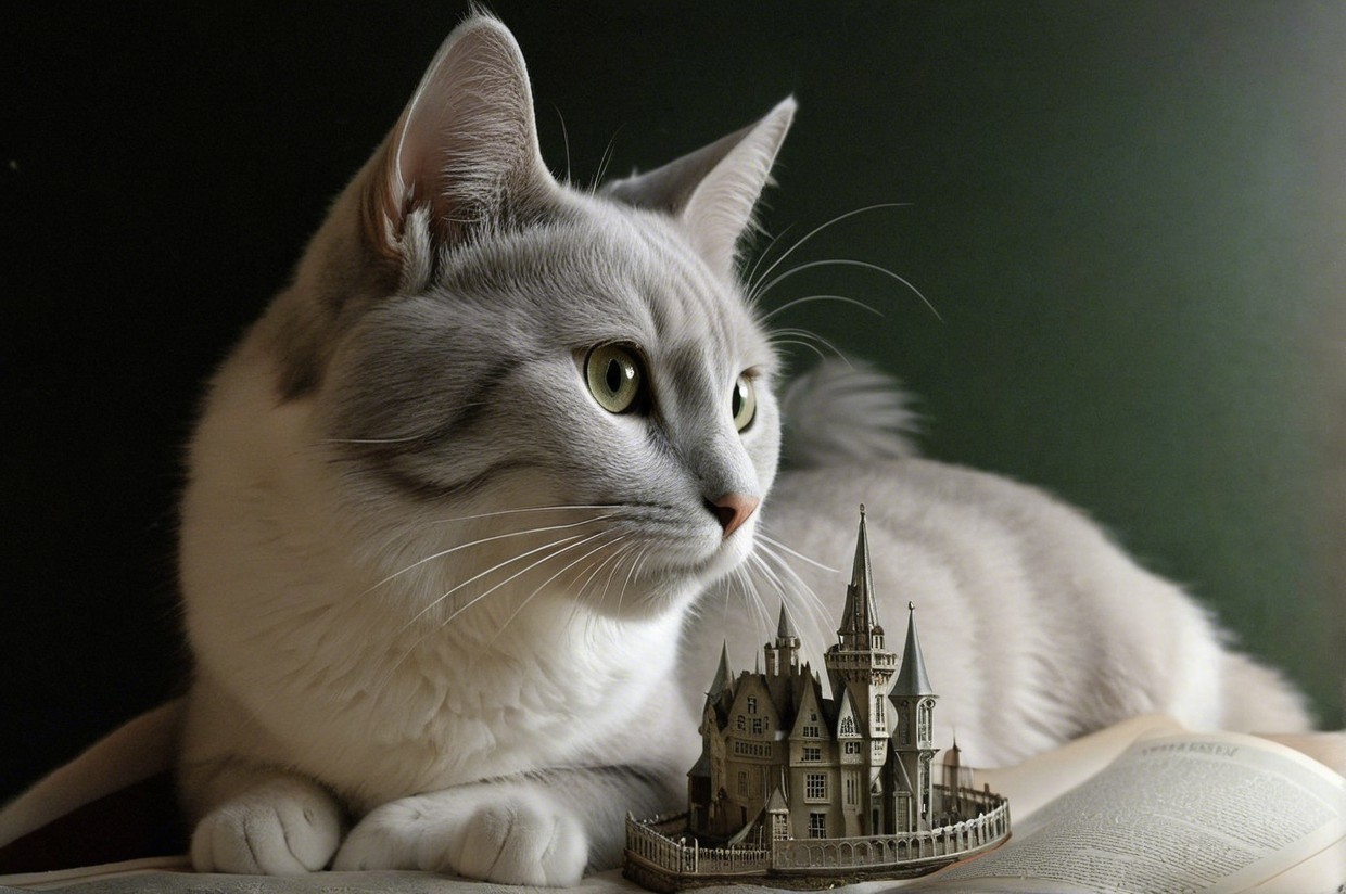 Fluffy Cat with Miniature Castle on Open Book