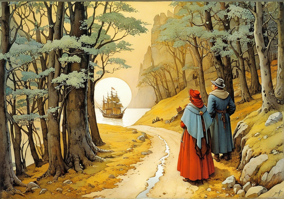 Figures in Red and Blue by a Winding Path at Sunset