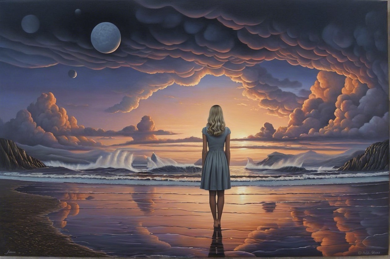 Woman on Beach Observing Vibrant Sunset and Clouds