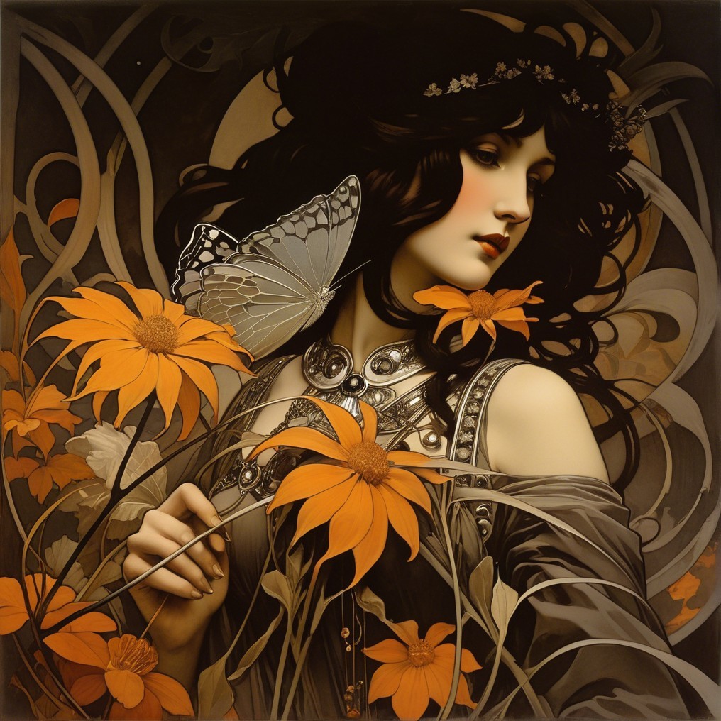 Serene Woman with Flowers and Butterfly in Artwork