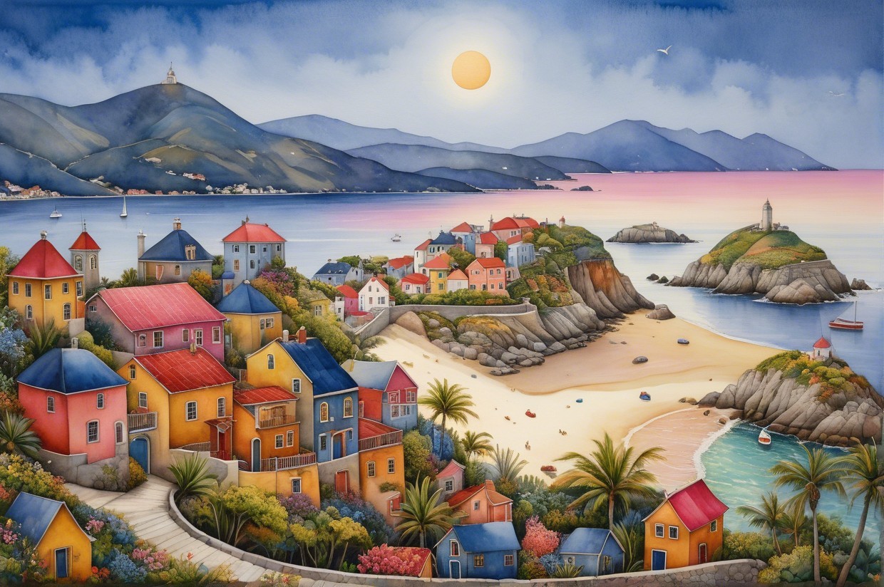 Vibrant Coastal Village with Colorful Houses and Bay