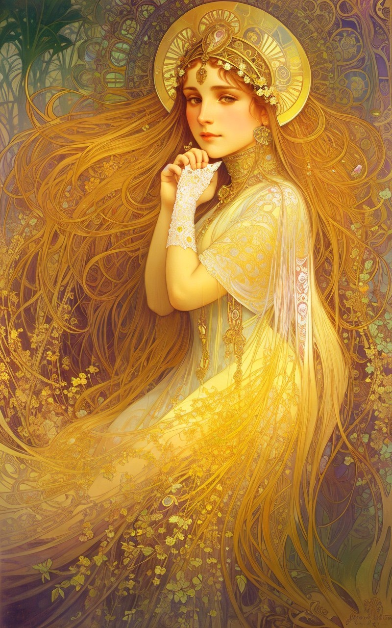 Serene Figure in Ethereal Gown with Floral Patterns