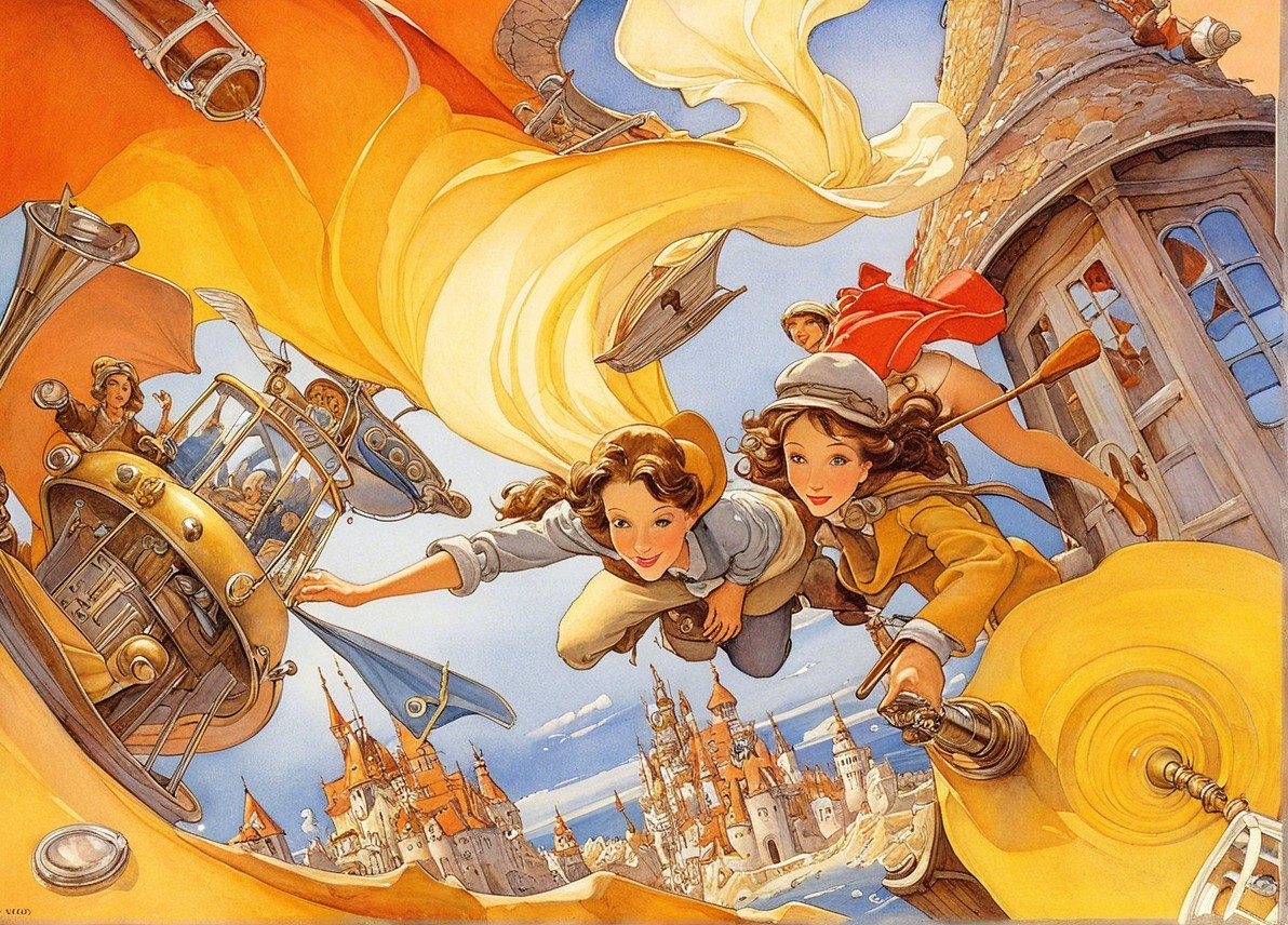 Whimsical Scene of Girls Flying with a Flag and Castles