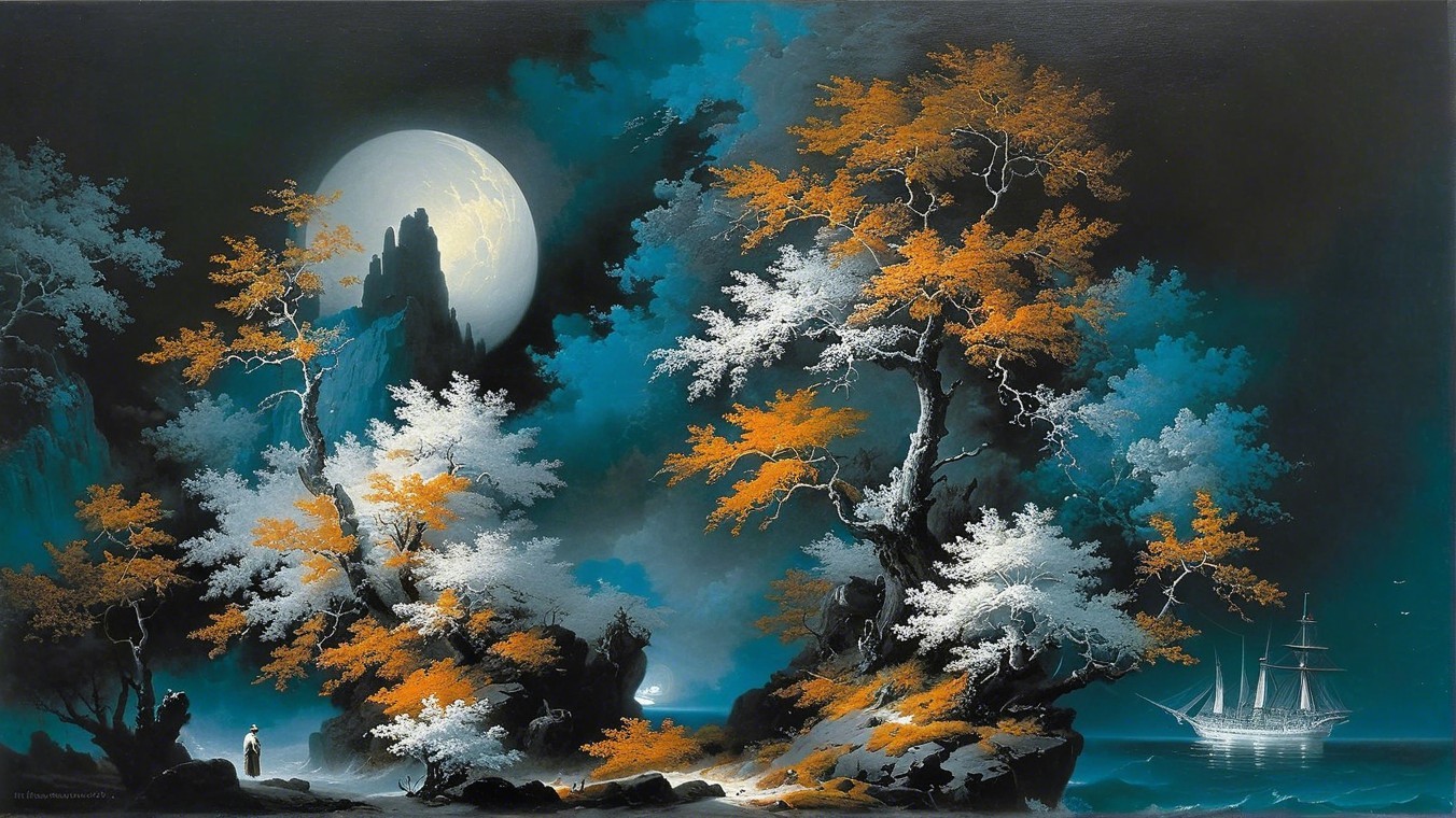 Moonlit Landscape with Rugged Coast and Vibrant Trees