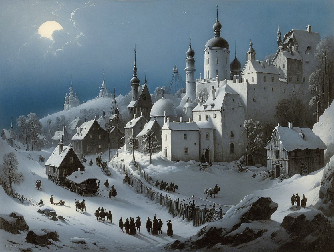 Winter Village Scene Under Moonlight with Snow Cover