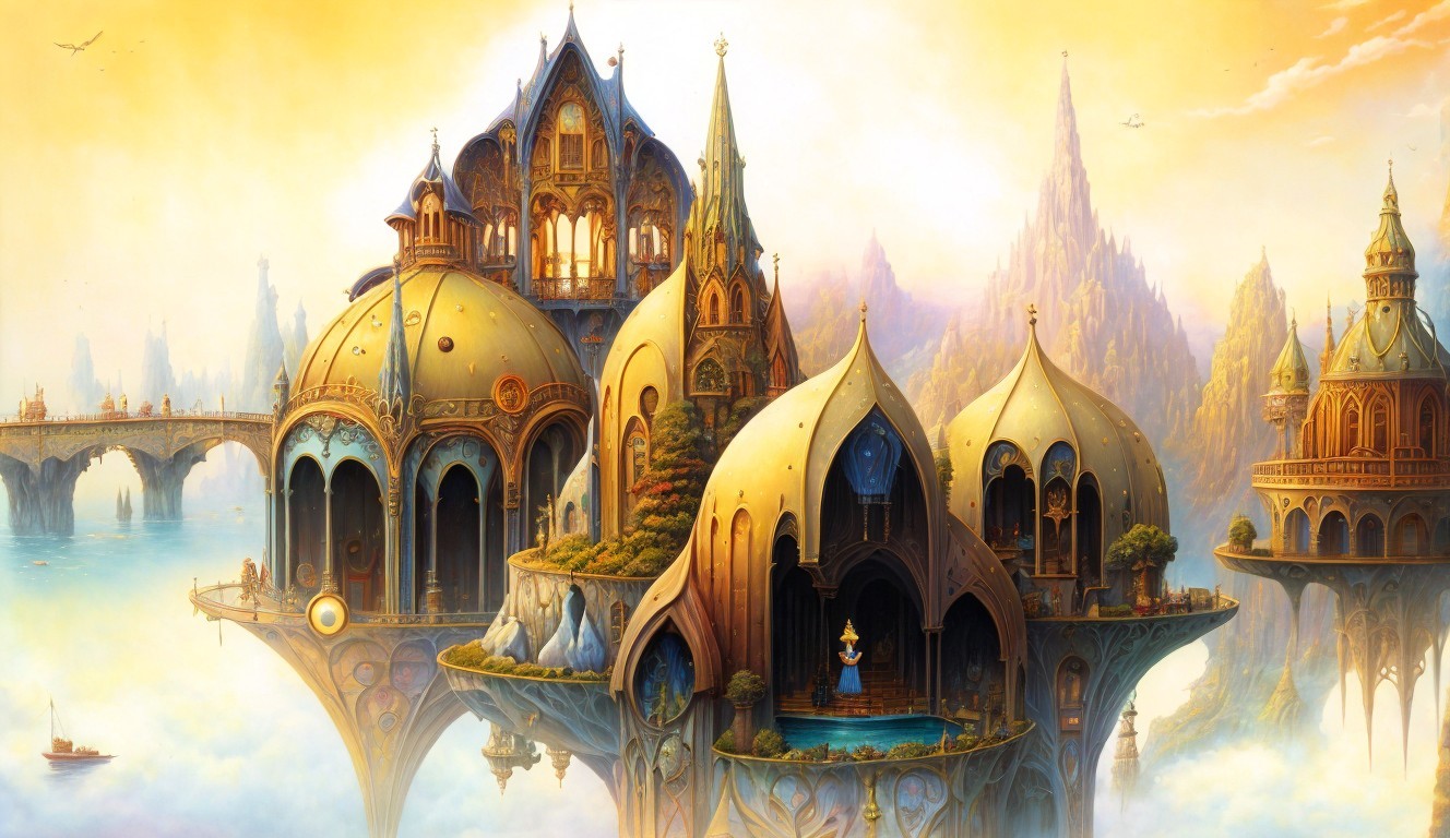 Ornate castle-like buildings on clouds with mountain backdrop