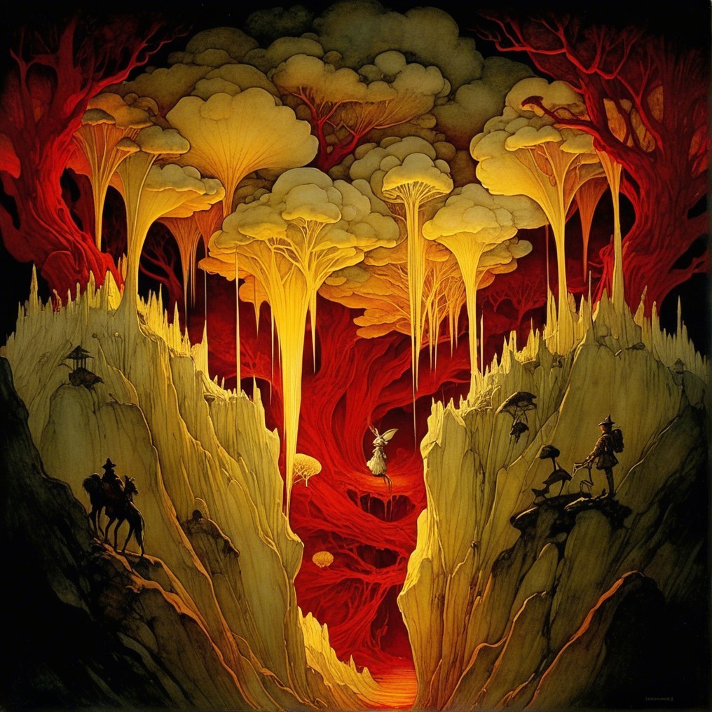 Mystical Landscape with Glowing Mushrooms and Figures
