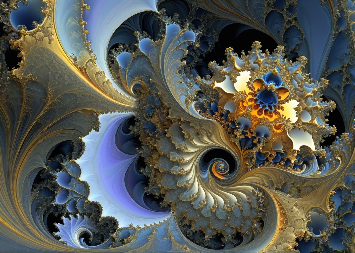 Intricate Fractal Design with Swirling Patterns in Blue and Gold