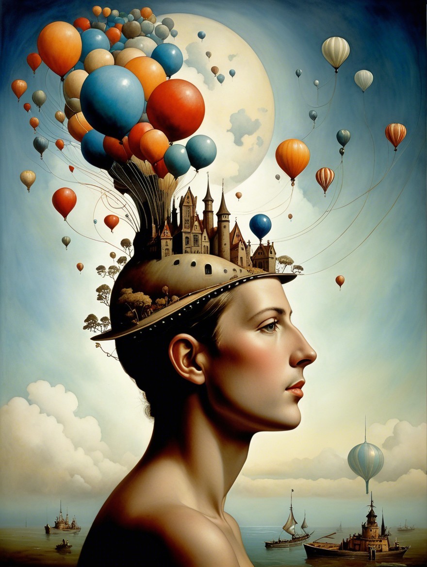 Surreal Portrait with Landscape and Hot Air Balloons
