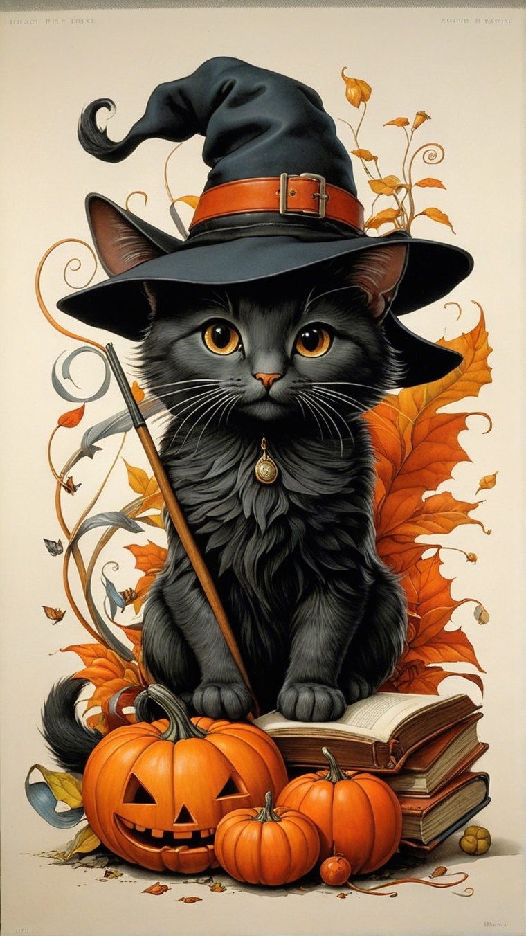 Whimsical Black Cat with Witch Hat Among Autumn Decor