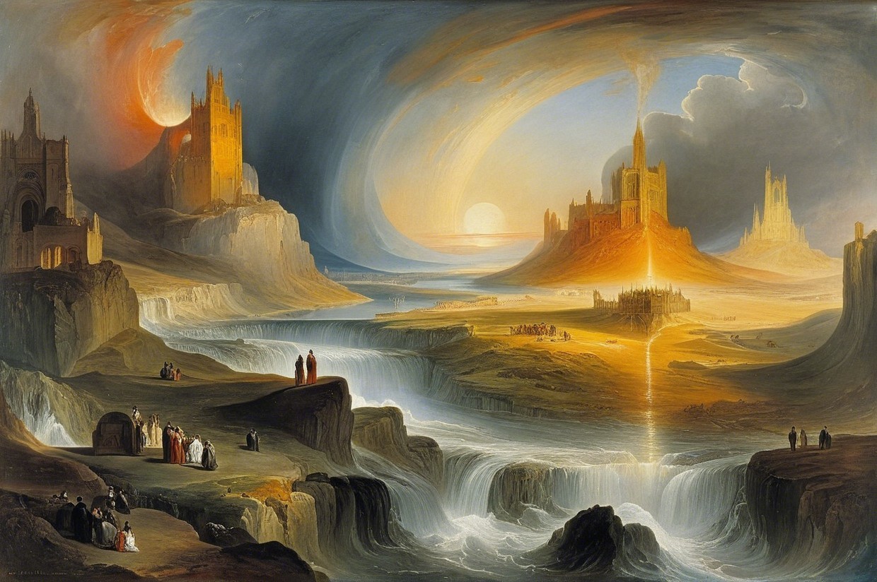 Fantastical Landscape with Castles and Dramatic Sky