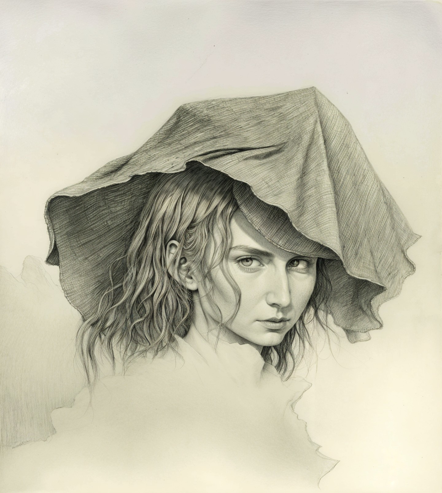 Pencil Drawing of a Contemplative Young Girl