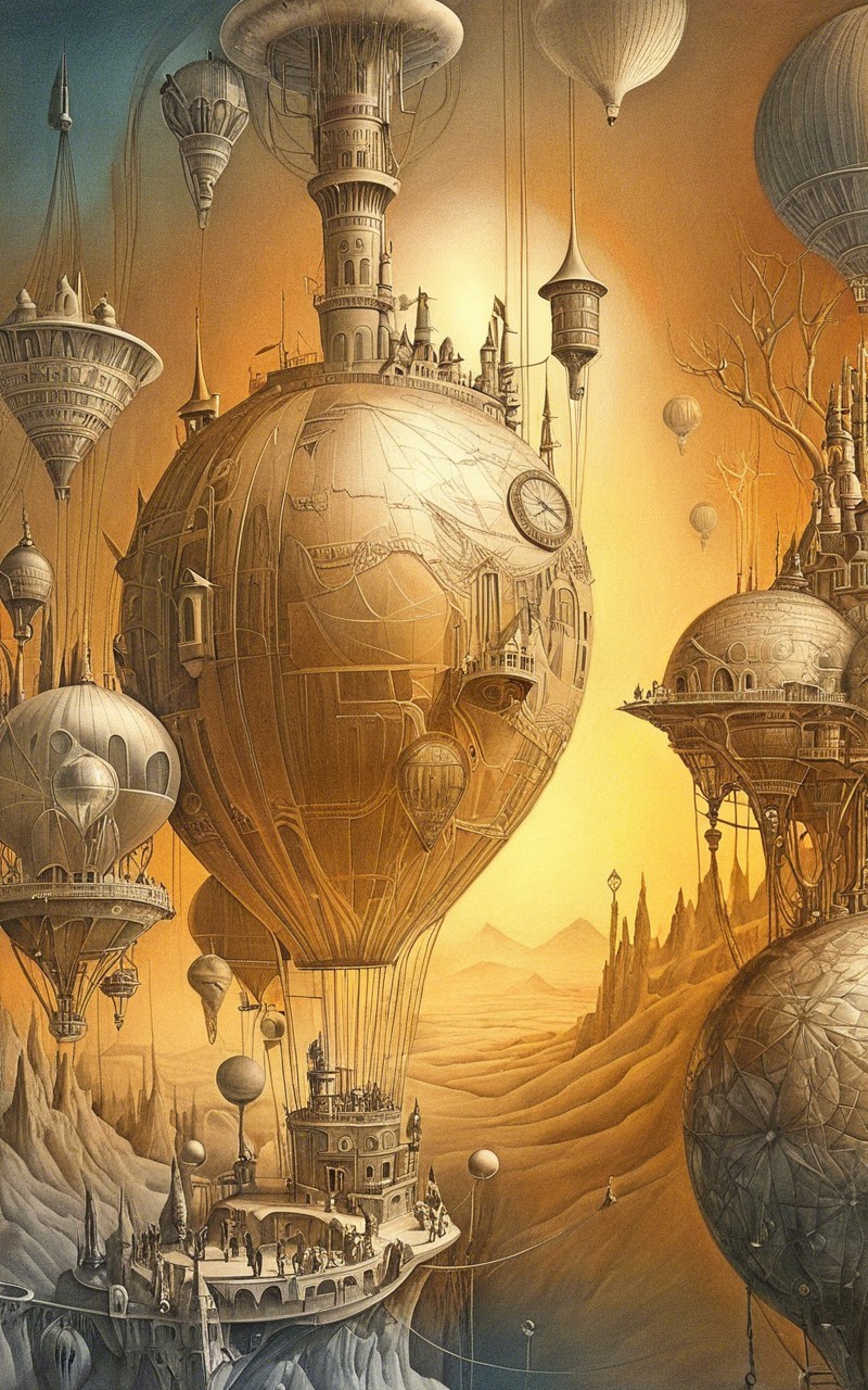 Surreal Landscape with Airships and Floating Structures