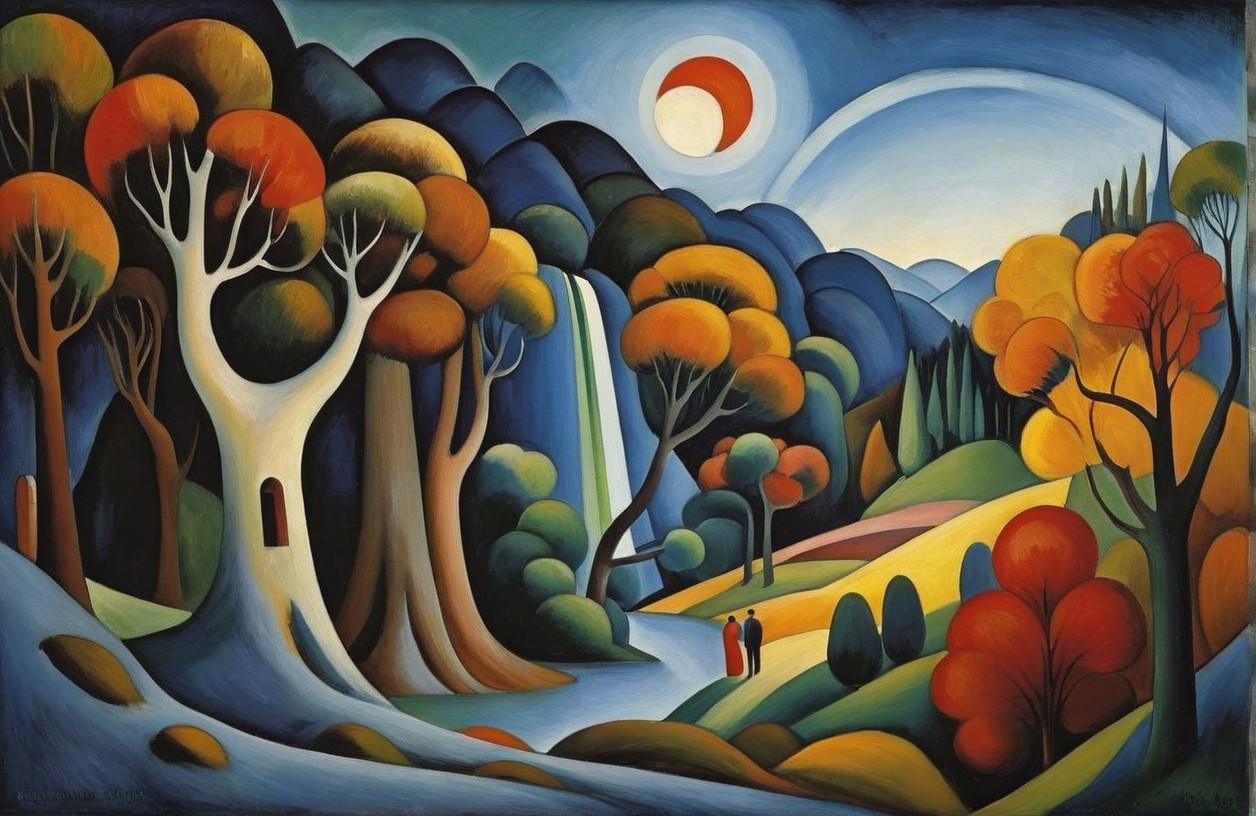 Vibrant Autumn Landscape with Waterfall and Figures
