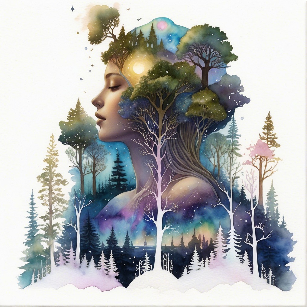Surreal Illustration of Woman Merging with Nature