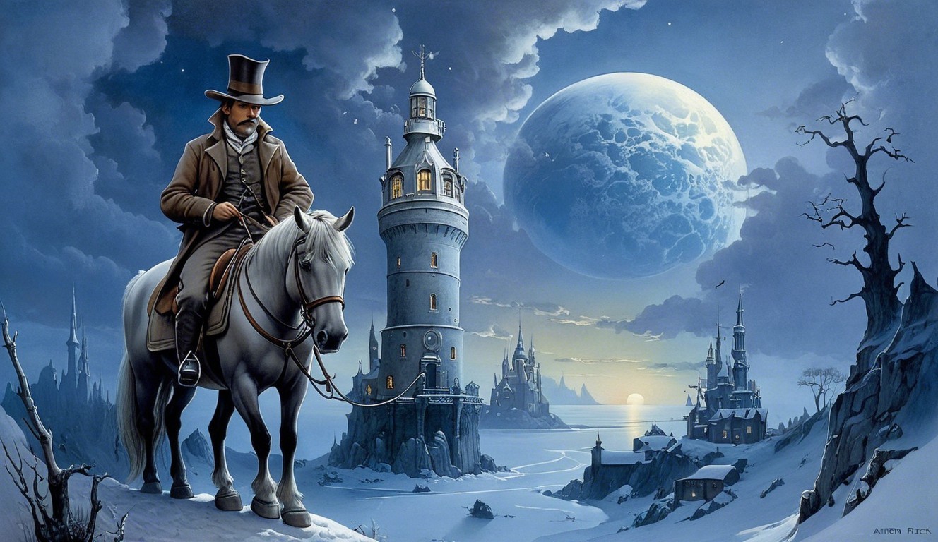 Lone Figure on Horse in Snowy Landscape with Castle