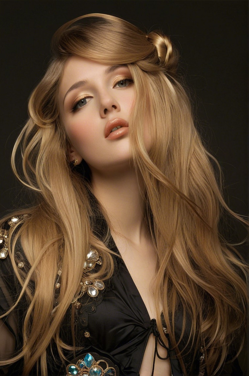Elegant young woman with blonde hair and dark outfit