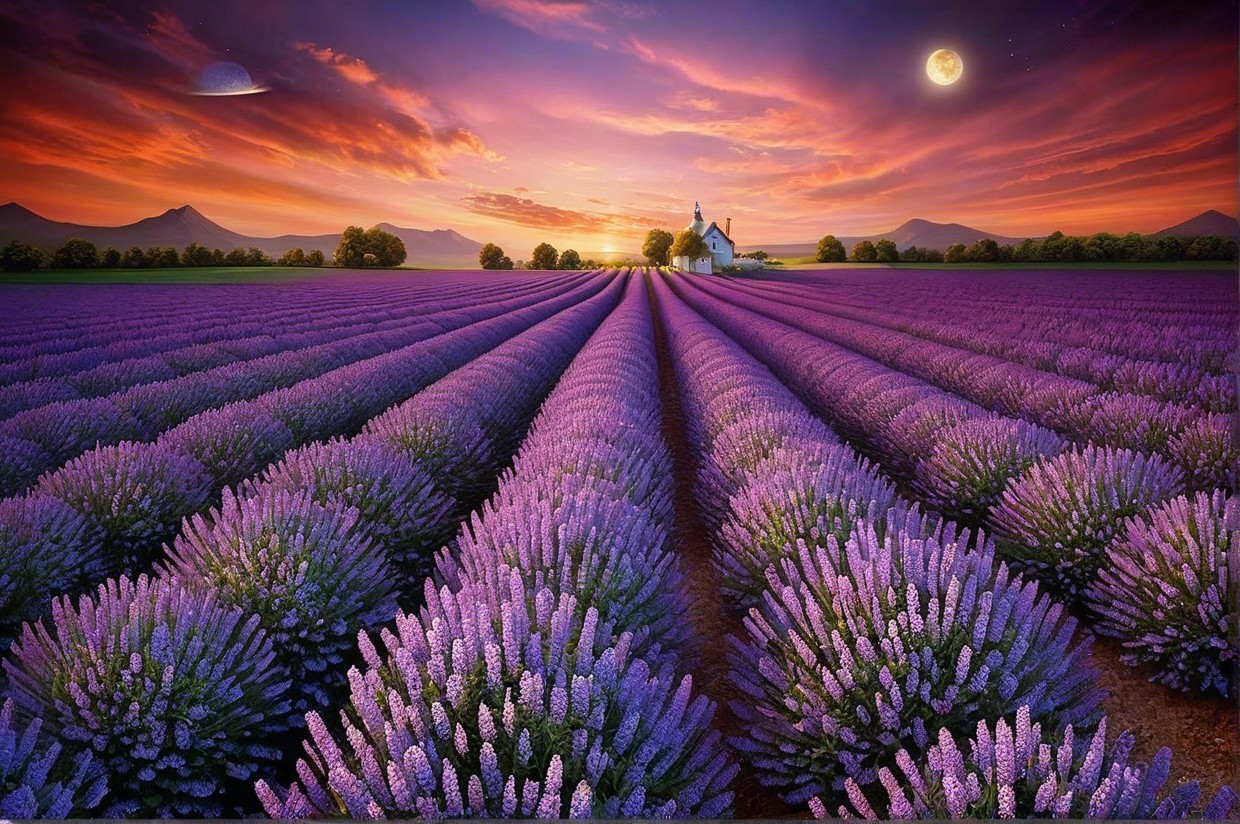Lavender Field at Sunset with Chapel and Mountains