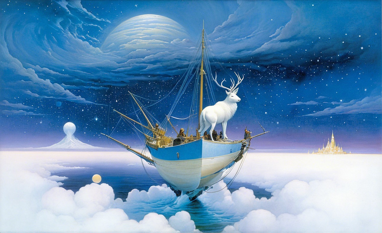 Boat in Dreamy Sky with Stag and Floating Planets