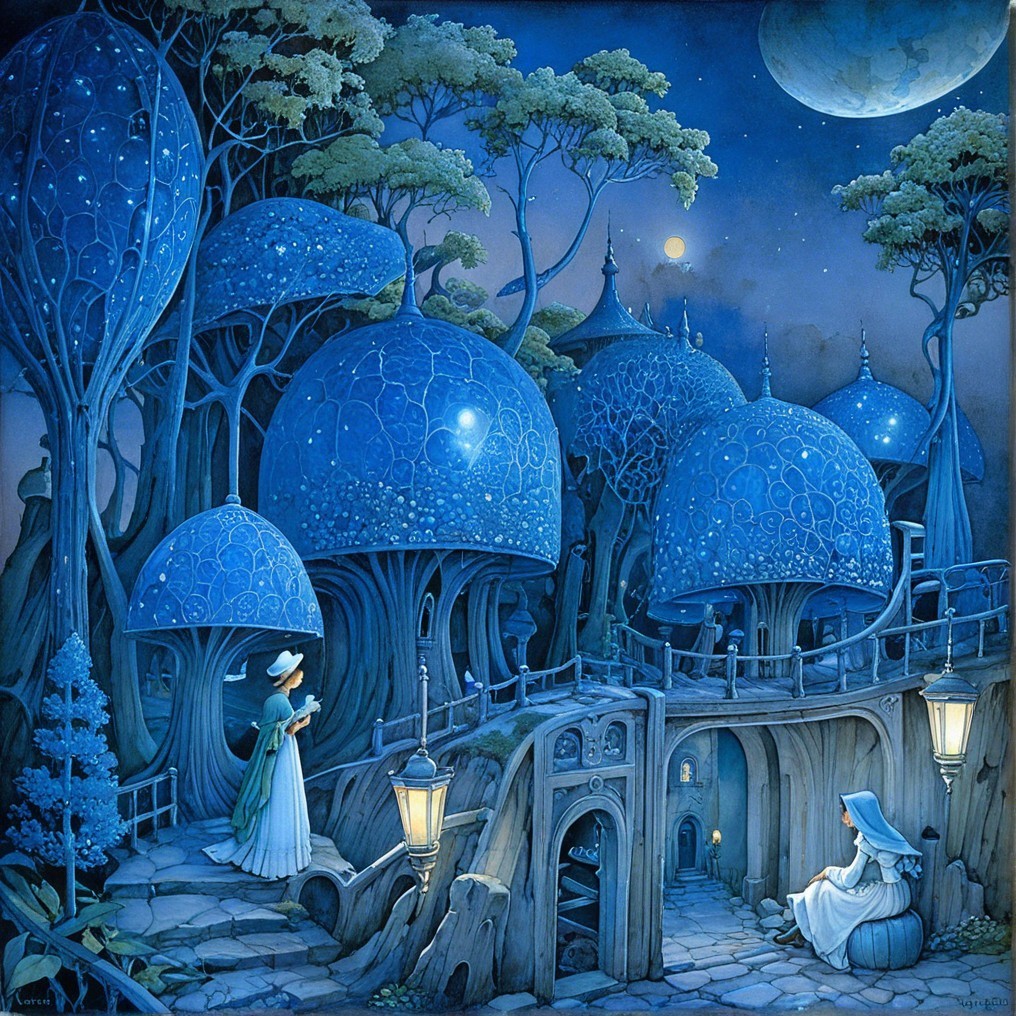 Mystical Nightscape with Glowing Blue Trees and Village