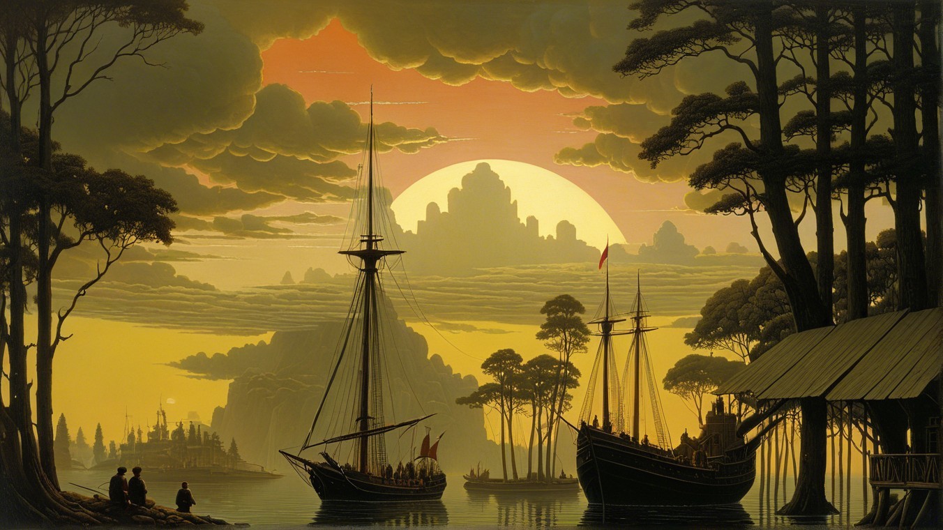 Twilight Scene with Sailboats and Majestic Mountains